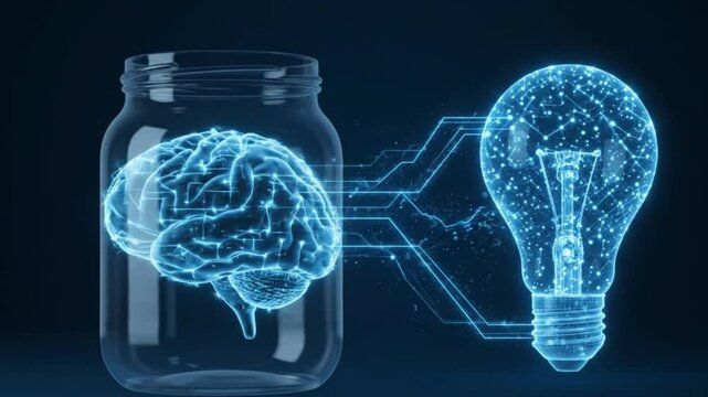 A digital brain inside a glass jar is linked by blue lines to a glowing lightbulb