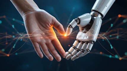 Human hand and robot hand touching with glowing energy