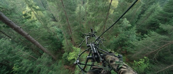 Archer in camouflage clothing aiming a compound bow from a high vantage point overlooking a dense green forest canopy on a cloudy day