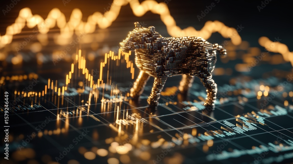 Aufkleber digital bull sculpture made of metallic particles standing on financial chart with glowing data stre