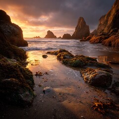 Dramatic Coastal Sunset: Golden Light Illuminates Rocky Shoreline and Sea Stacks.