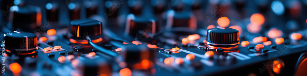 Poster close-up of audio mixer control panel with illuminated knobs and buttons