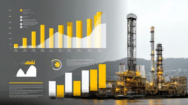 Graph displaying the price of oil over time is shown next to a picture of a refinery. clean infographic layout: bar chart, oil icons, economic data blocks ,oil exploration stocks