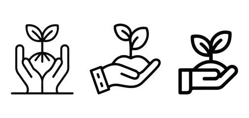 Obraz premium Hand Holding Plant Icon Set. Eco Growth Support Line Icons for Sustainability and Nature Care.