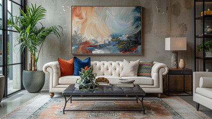 Transitional space featuring a tufted Chesterfield sofa, abstract wall art, and a sleek black metal coffee table.