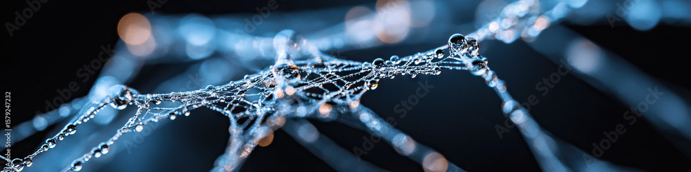 Poster dew-covered spiderweb with bokeh background