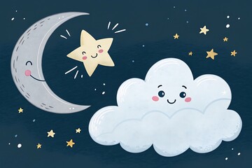 Smiling moon star and cloud in starry night sky image
