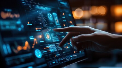Hand interacting with futuristic digital interface