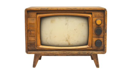 Retro wooden TV box cut out with frame screen, isolated on a white transparent background, TV from the 1970s or 80s