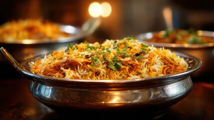 High-quality photo of spicy chicken biryani cuisine in a shiny silver bowl, authentic Indian food, serving fancy food in a restaurant.