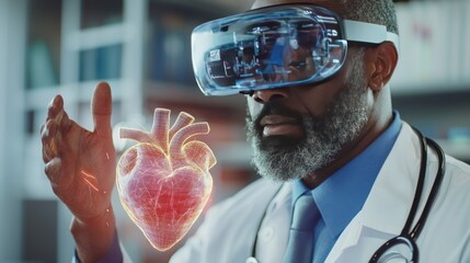 Doctor examining 3 d heart model using vr technology