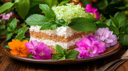 Fototapeta premium Delicious layered cake, adorned with fresh flowers and mint