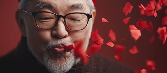 Senior man expressing festive cheer, blowing vibrant red confetti into a rich, ruby background
