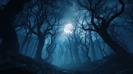 High-quality photo of magical forest with scary crooked black trees and moon at night, dark spooky woods. Cinematic landscape in strange fairy tale world. Concept of fantasy.