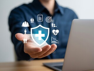 Naklejka premium Person holding shield with medical and business icons