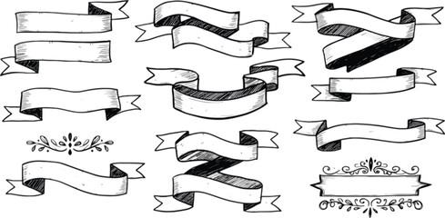 Obraz premium Vector art of collection of hand drawn banners and ribbons isolated on white background