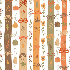 Naklejka na ściany i meble Fall pumpkin, flowers, cute coquette bows seamless pattern. . Vertical striped autumn repeat background with ribbons, leaves. Vector wallpaper, print, wrap paper, cute floral textile design, fabric.