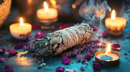 Holistic Still Life Featuring Burning Sage, Lavender and Candles for Spiritual Practices