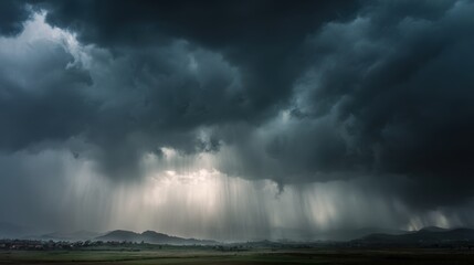 Fototapeta premium High-quality photo of dramatic stormy sky with dark clouds and heavy rain pouring down over a landscape.