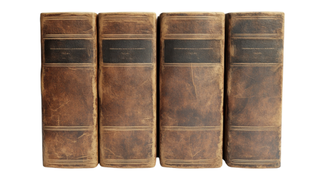 A row of old books with the title isolated on a white transparent background