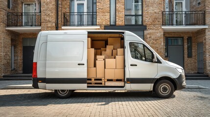 High-quality photo of white van full of moving boxes parked in front of house. Moving service, home relocation concept. Cardboard boxes inside van. Residential moving business.