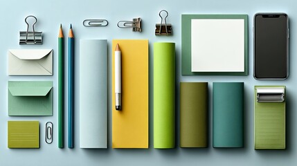 Natural Light Flat Lay of Blue Green Notepads, Pencils, Paperclips with Smartphone and Envelope on White