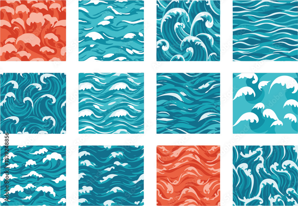 Poster vector art of seamless pattern of ocean waves in various shapes and colors