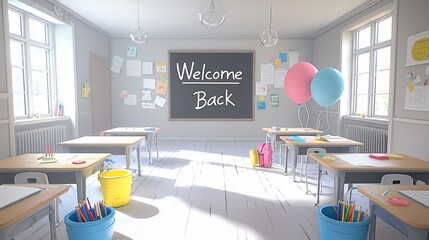 Empty Classroom with Welcome Back Message and Colorful Balloons
