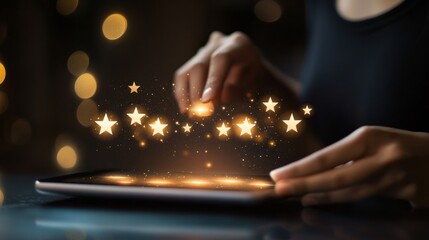 Hands rating a digital tablet glowing stars