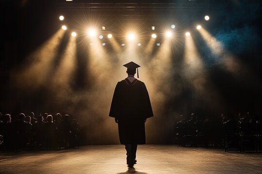 graduate walking across stage receiving diploma under bright lights
