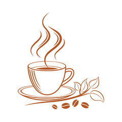 Steaming coffee cup with beans and leaves saucer