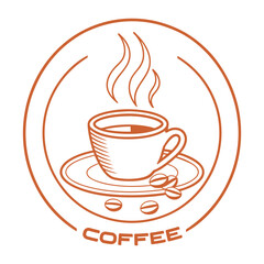 Steaming coffee cup with beans and text saucer