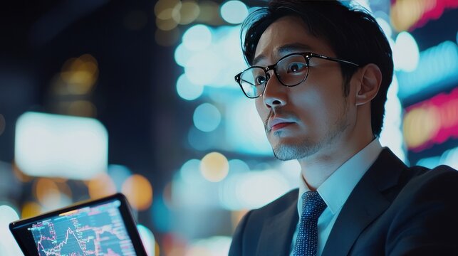 Focused businessman analyzing market data at night