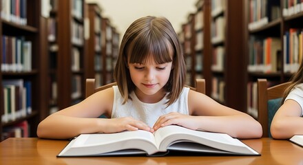 Young girl intently reading a large open book in a library surrounded by bookshelves