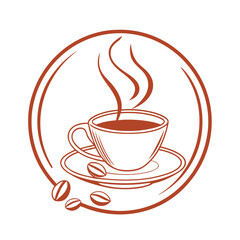 Steaming coffee cup with beans and circular frame saucer