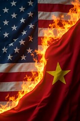 American flag and Vietnam flag with fire burning in the background. USA finance, government, and economics concept. Trade war. Tax and tariff concept