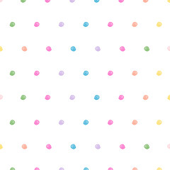 Seamless pattern of colorful, spiral-shaped dots on a white background, resembling a variation of a polka dot pattern.