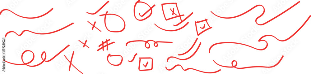 Poster a collection of red doodles including wavy lines check marks circles and x marks on a white backgrou