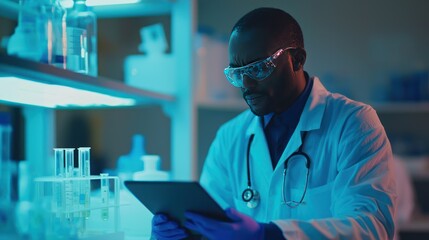 Focused scientist in laboratory examining tablet