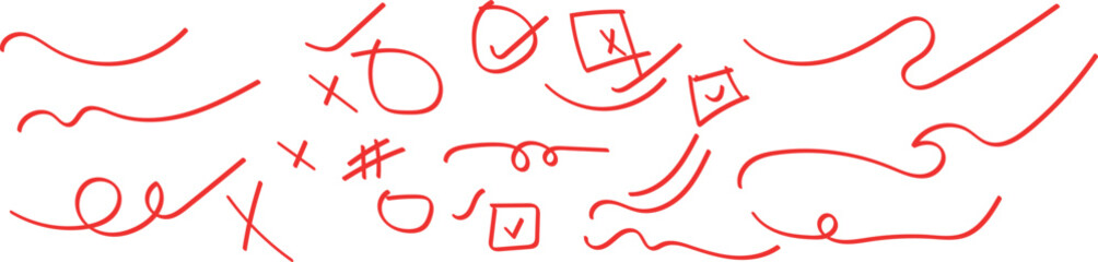 A collection of red doodles including wavy lines check marks circles and x marks on a white background