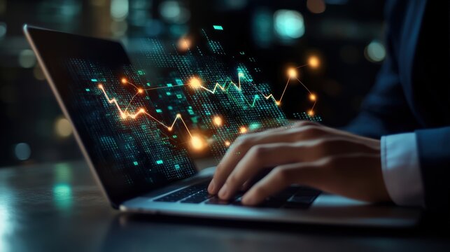Modern business professional analyzing financial data on laptop with digital stock market charts in a high-tech environment - Powered by Adobe