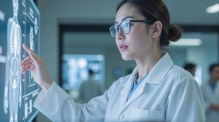 Confident female doctor interacting with futuristic medical display in hospital, showcasing modern healthcare technology and innovation.