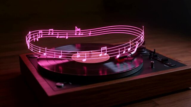 Vintage record player with musical notes, ideal for audio content creation and music streaming