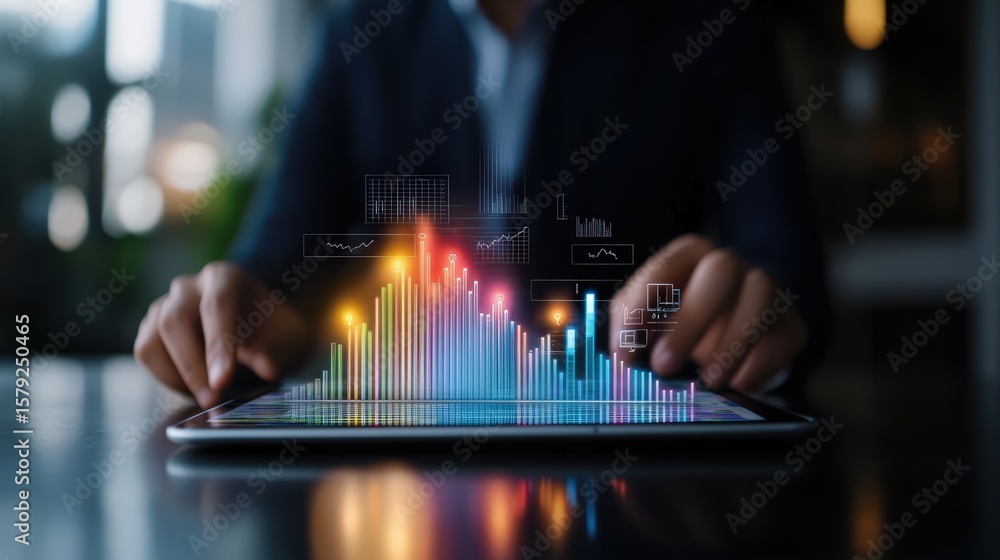 Poster businessperson analyzing financial data on tablet with digital graphics and colorful graphs displayi