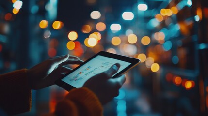 Person using tablet at night in city