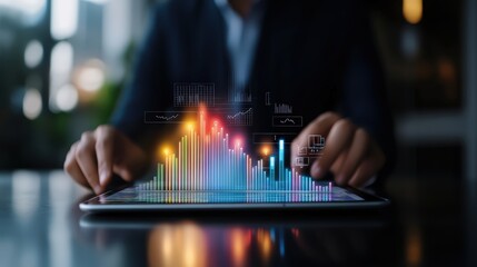 Businessperson analyzing financial data on tablet with digital graphics and colorful graphs displaying stock market trends