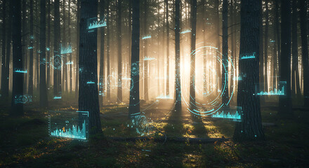 Forest scene with glowing digital data overlays on trees, creating a futuristic and technological atmosphere in nature.