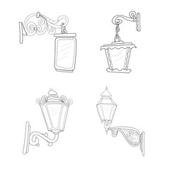 Set of vintage street lanterns. Set of images of street lamps with different decorative elements. Set of images on a white background. Set of city lamps in black and white. Decorative lamps. 