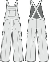  Women's Wide Leg Overalls with Cargo Pockets and Criss-Cross Back Straps Fashion Flat Sketch CAD Drawing Vector Illustration, Apparel Template Design