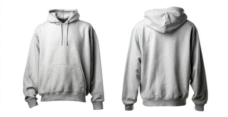 A light grey hoodie displayed front and back, showcasing its simple design, kangaroo pocket, and drawstring hood